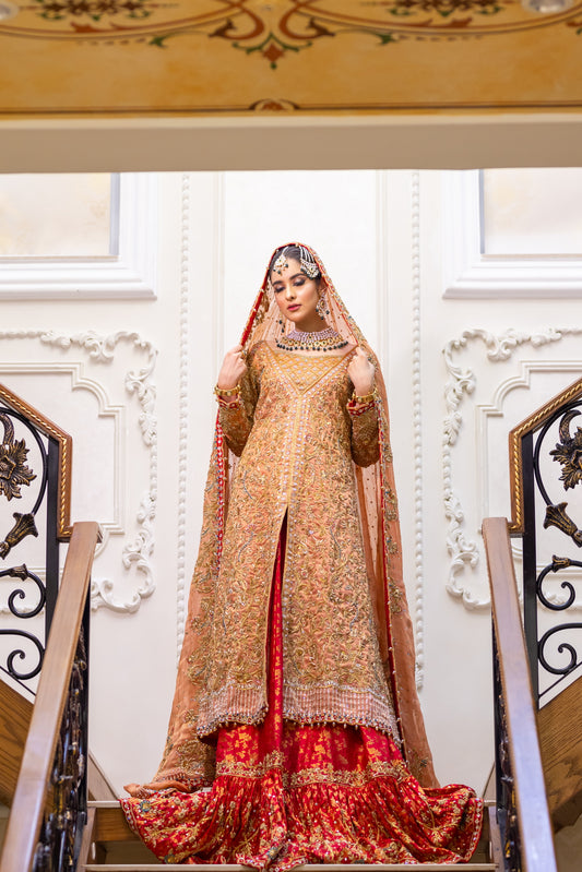 Traditional Pakistani peach gown with banarsi farshi gharara and chiffon dupatta – formal wedding outfit for women in the UK