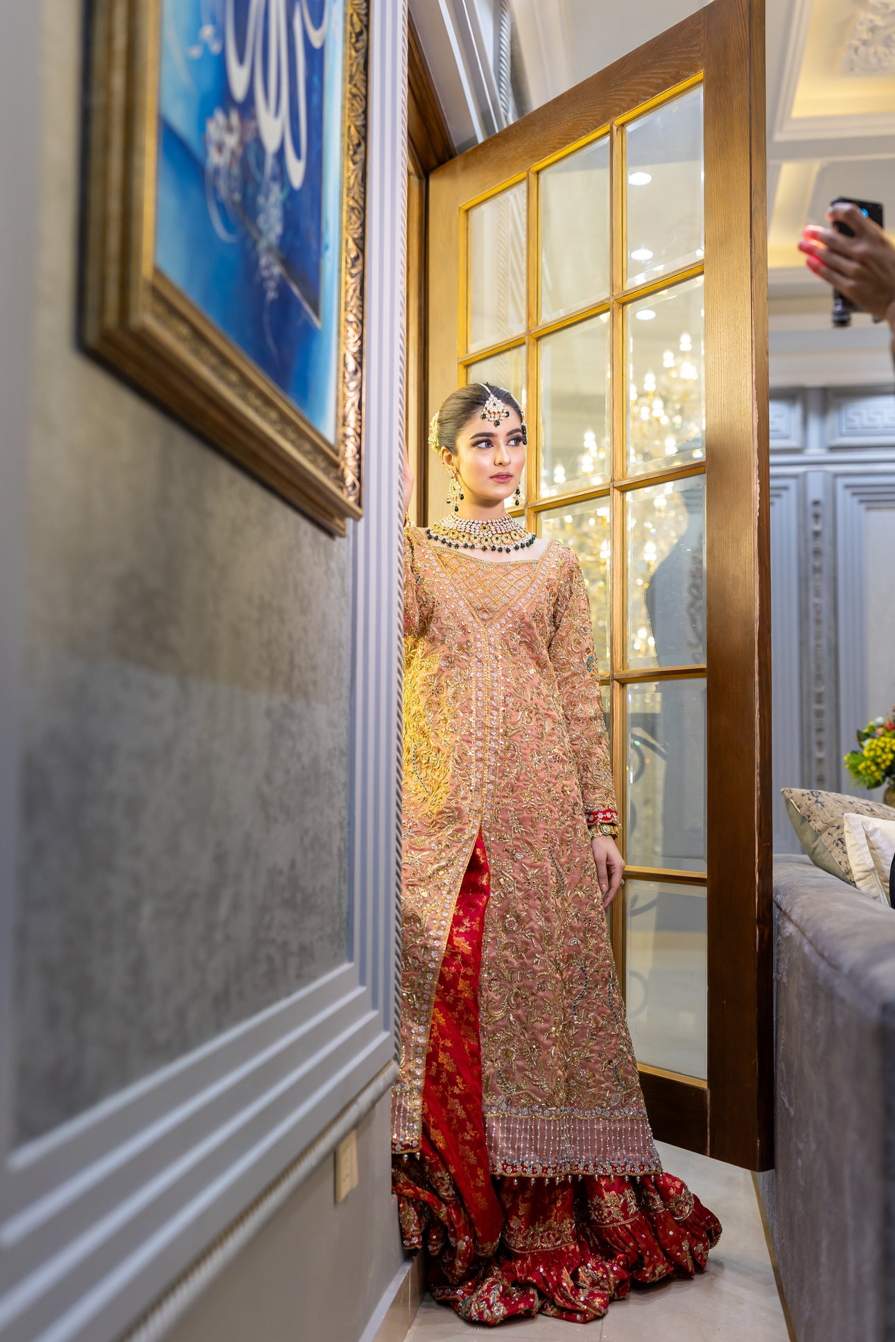 Traditional Pakistani peach gown with banarsi farshi gharara and chiffon dupatta – formal wedding outfit for women in the UK