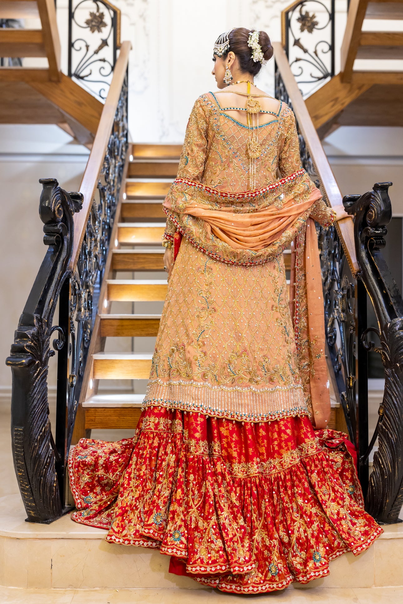 Traditional Pakistani peach gown with banarsi farshi gharara and chiffon dupatta – formal wedding outfit for women in the UK