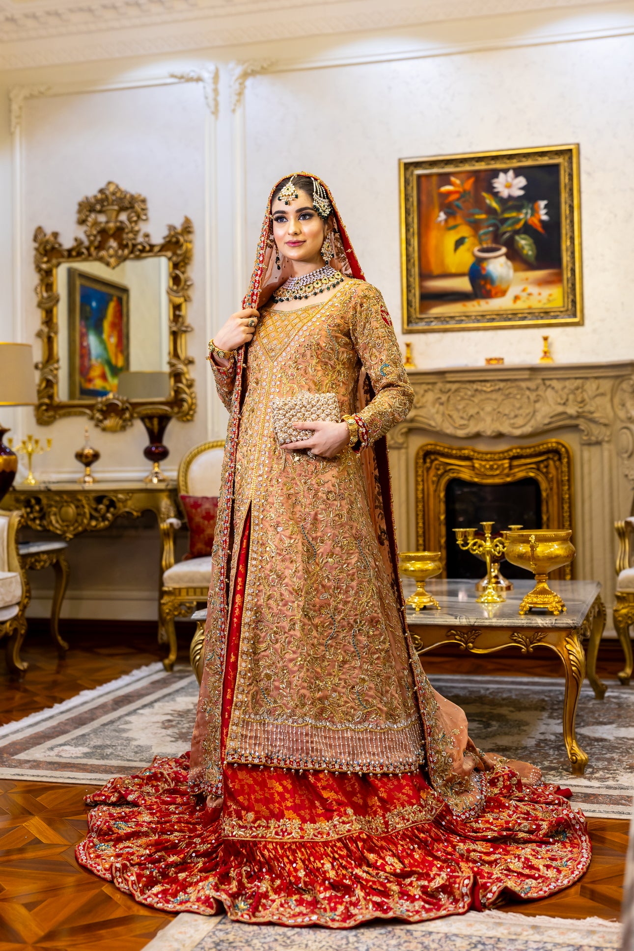 Traditional Pakistani peach gown with banarsi farshi gharara and chiffon dupatta – formal wedding outfit for women in the UK