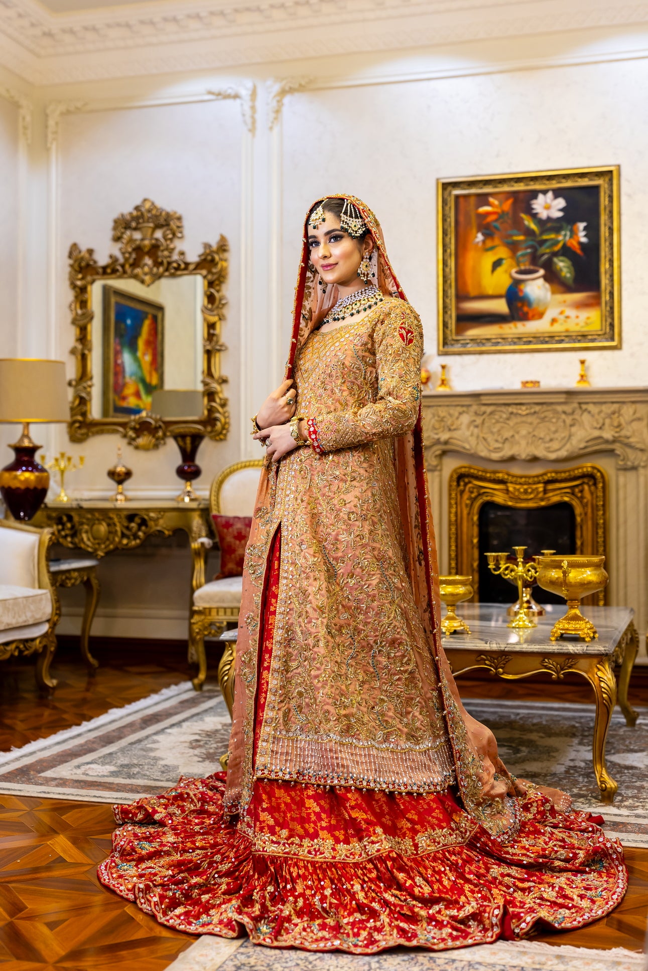 Traditional Pakistani peach gown with banarsi farshi gharara and chiffon dupatta – formal wedding outfit for women in the UK