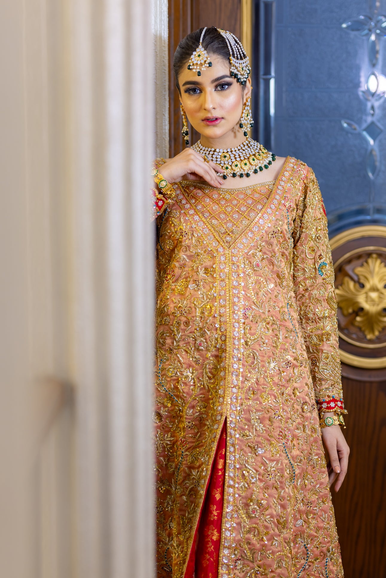 Traditional Pakistani peach gown with banarsi farshi gharara and chiffon dupatta – formal wedding outfit for women in the UK