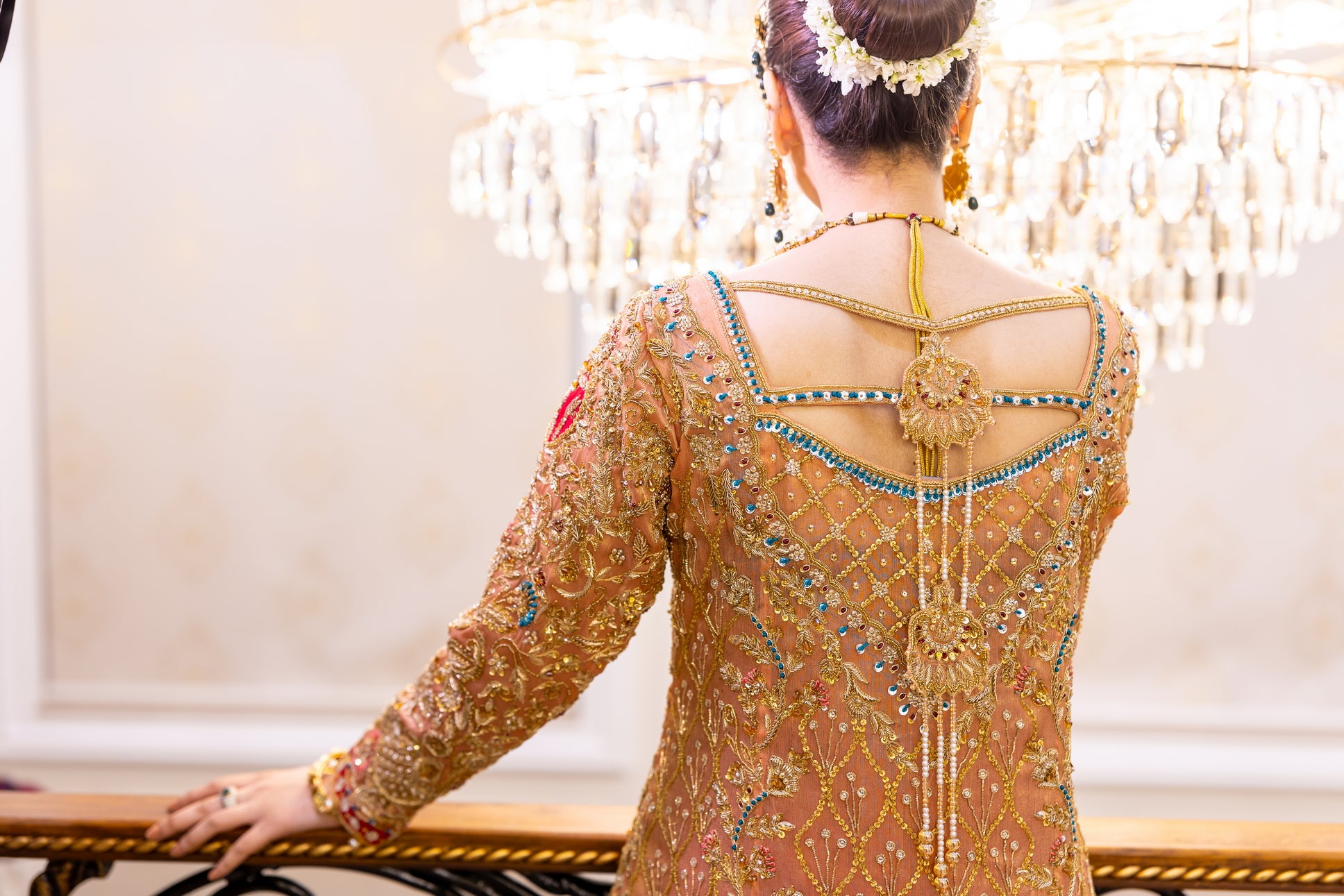 Traditional Pakistani peach gown with banarsi farshi gharara and chiffon dupatta – formal wedding outfit for women in the UK