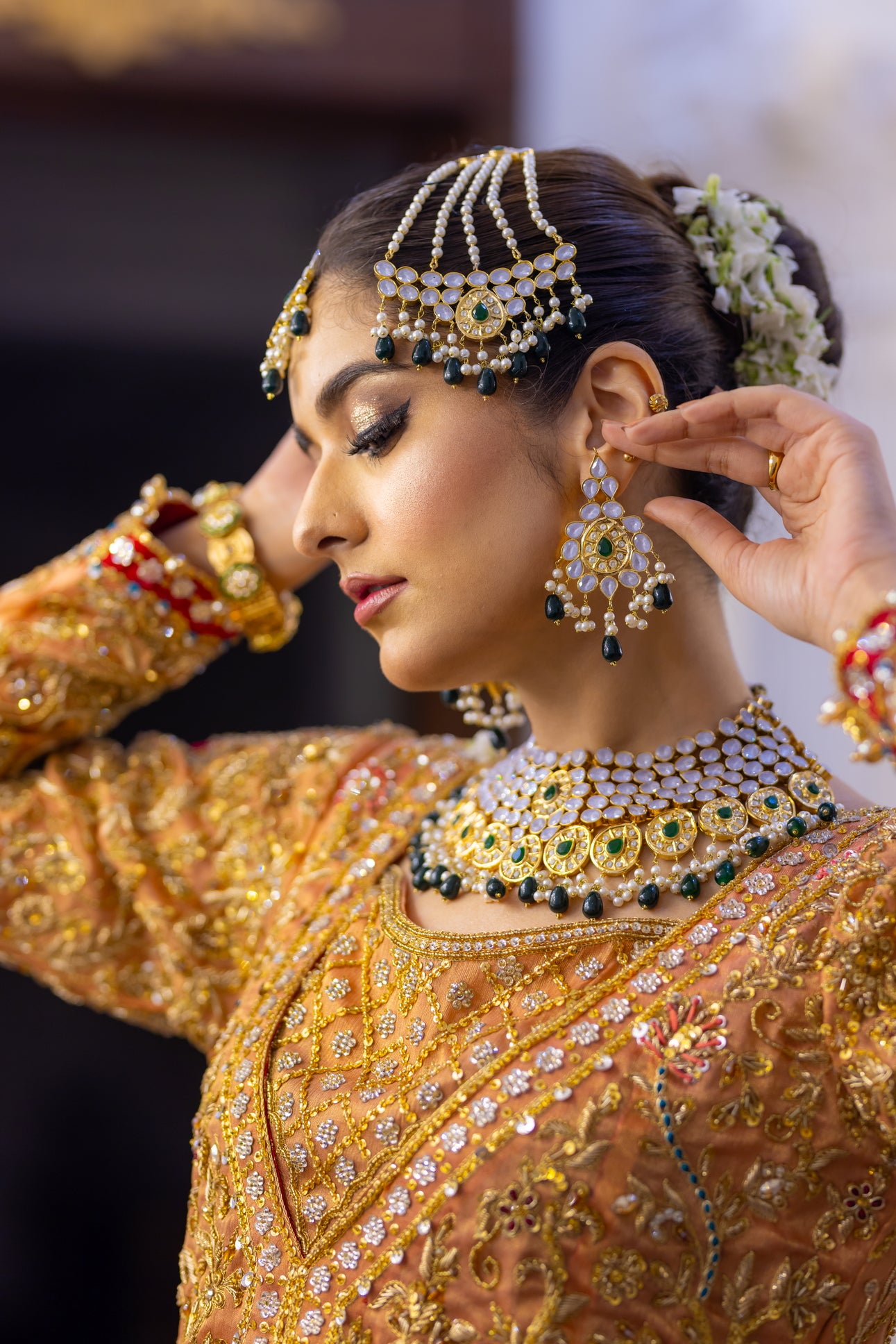 Traditional Pakistani peach gown with banarsi farshi gharara and chiffon dupatta – formal wedding outfit for women in the UK