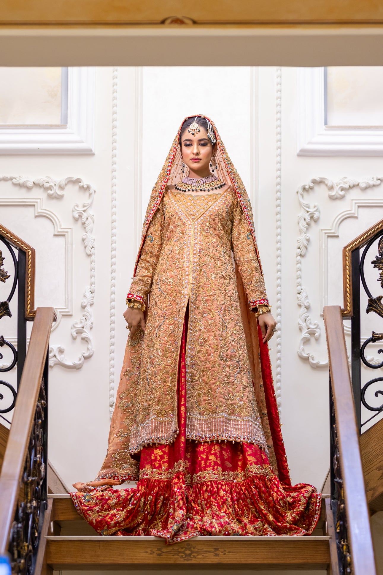 Traditional Pakistani peach gown with banarsi farshi gharara and chiffon dupatta – formal wedding outfit for women in the UK