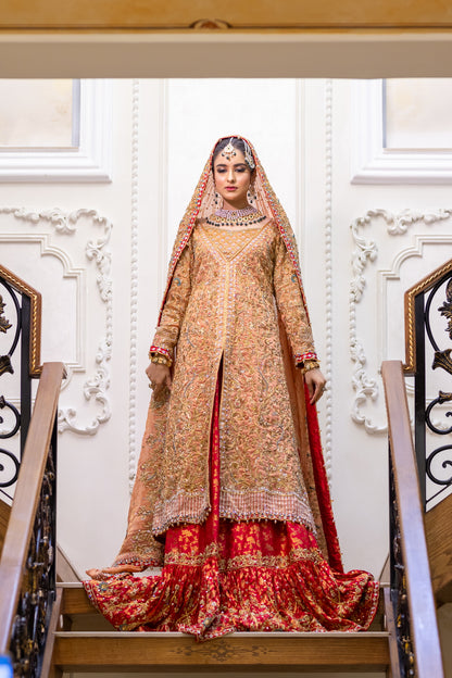 Traditional Pakistani peach gown with banarsi farshi gharara and chiffon dupatta – formal wedding outfit for women in the UK