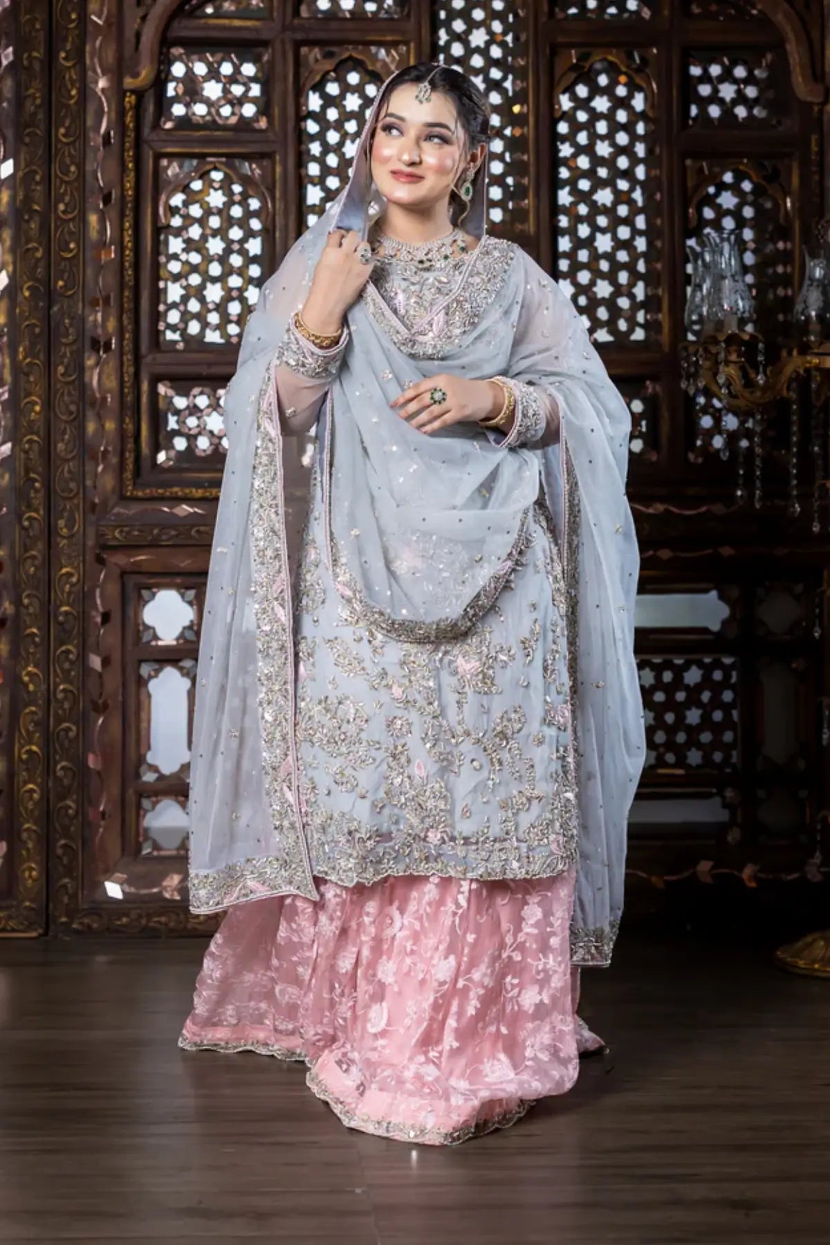 Zohra – Shop Sky Blue and Pink Organza Bridal Dress for Nikah & Walima