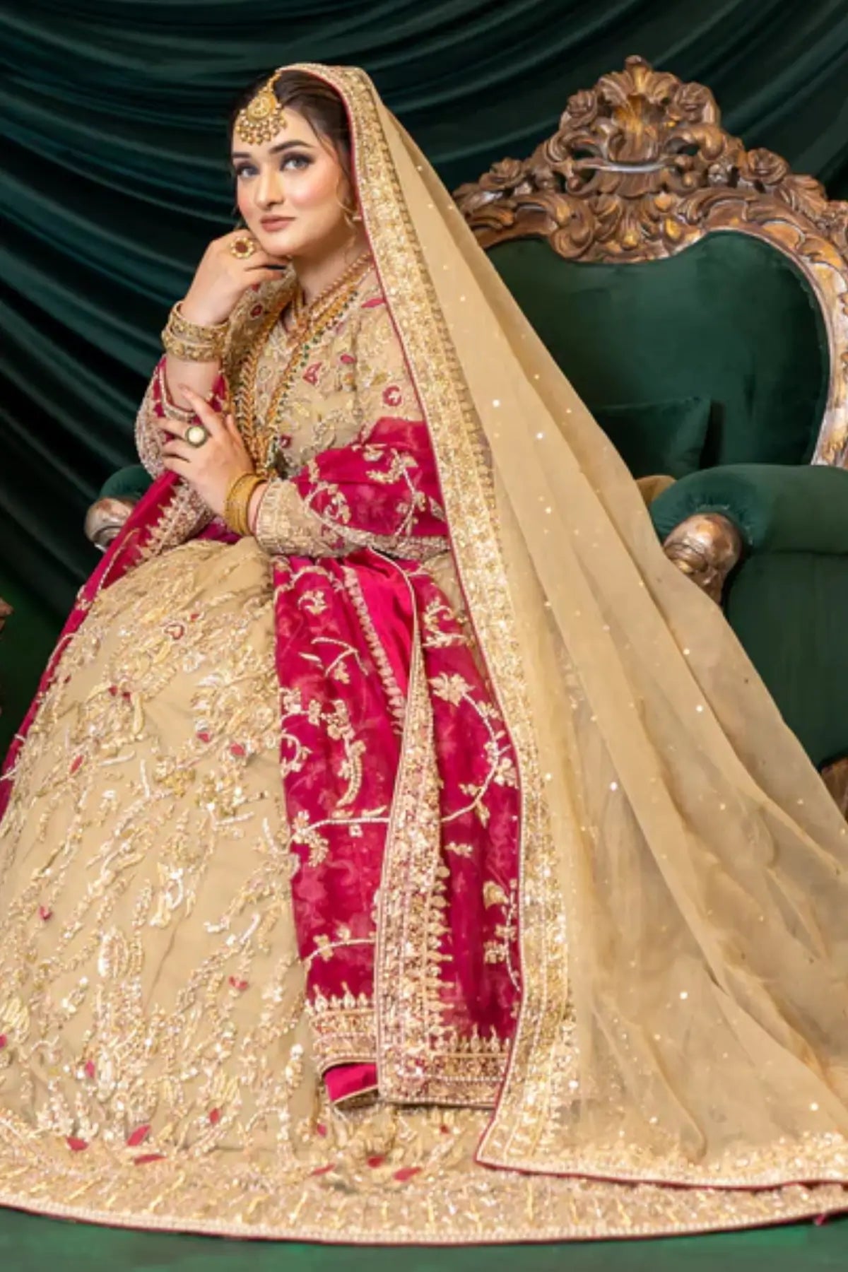 Zuleikha – Order Pakistani Bridal Wear Gold Net Maxi with Silk Pants