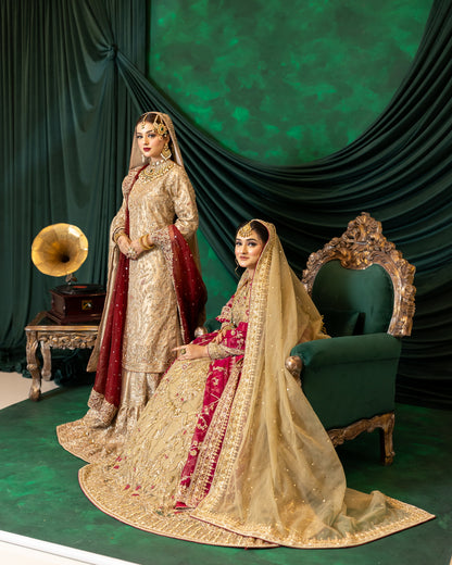 Zuleikha – Order Pakistani Bridal Wear Gold Net Maxi with Silk Pants