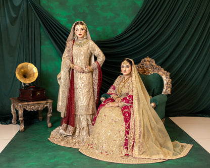 Zuleikha Pakistani bridal wear gold net maxi with red organza dupatta & silk pants – couture outfit by MariamRaj.com.