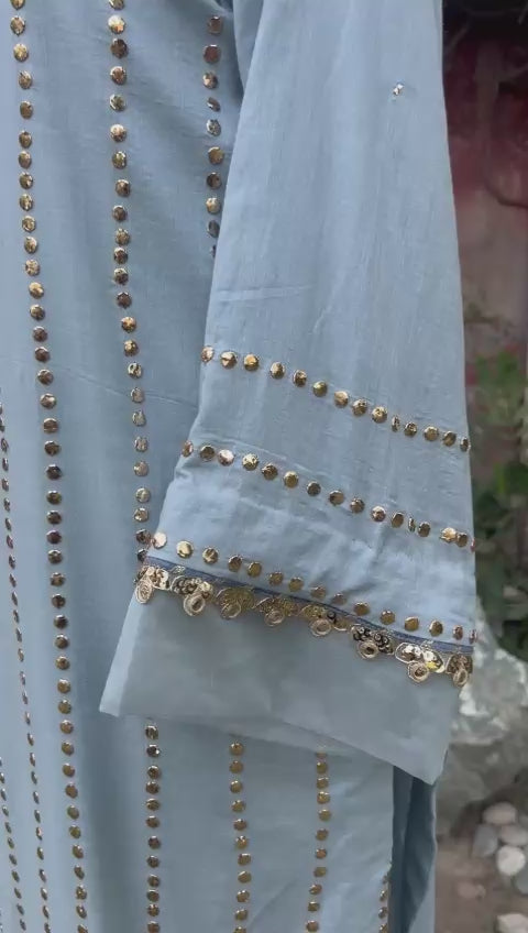 Moonlit Grace- Elegant light Grey Lawn Kamdani Frock